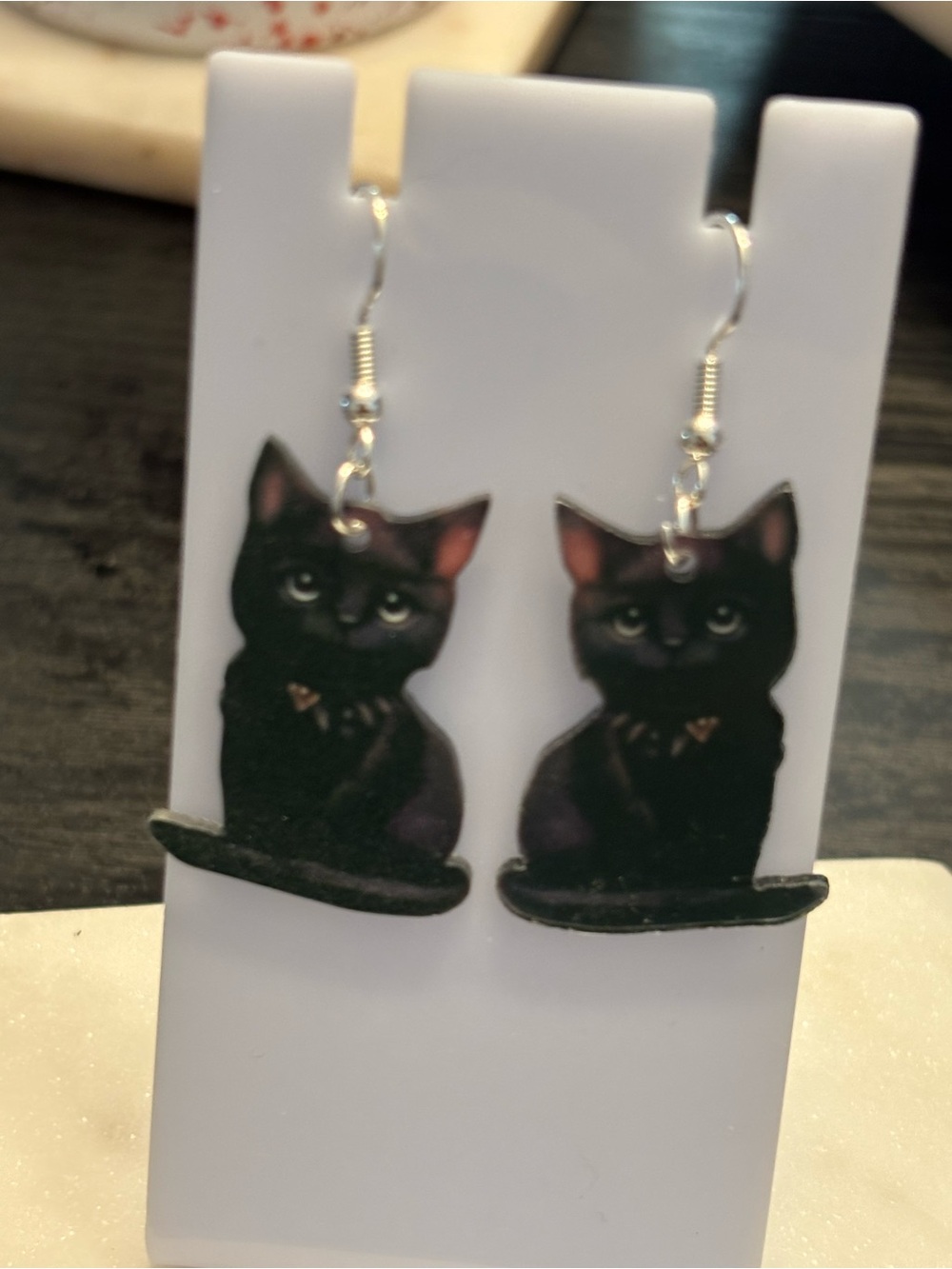 Title: Black Cat Acrylic Dangle Earrings | Sitting Kitty | Pink Ears | Silver Ho